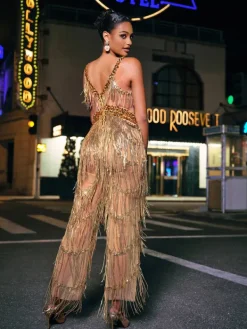 Jumpsuits & Romper|Embellishment*Nuo Fansi Charnita V Neck Rhinestone Fringe Jumpsuit