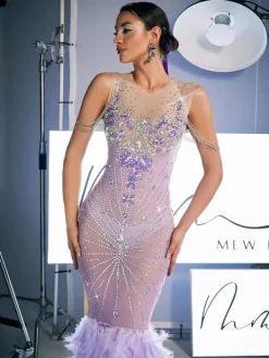 Embellishment|Dresses*Nuo Fansi Chaviv Rhinestone Feather Maxi Dress
