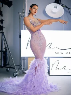 Embellishment|Dresses*Nuo Fansi Chaviv Rhinestone Feather Maxi Dress