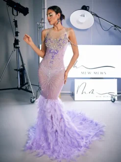 Embellishment|Dresses*Nuo Fansi Chaviv Rhinestone Feather Maxi Dress