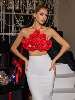 Tops*Mew Mews Fashion O/S Chesley Halterneck Flower Top In Red