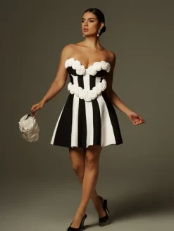 Dresses|Mini Dresses*Bandage Chiyeko Strapless Flower Stripe Mini Dress