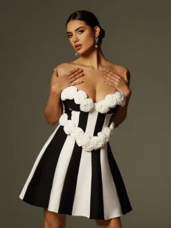 Dresses|Mini Dresses*Bandage Chiyeko Strapless Flower Stripe Mini Dress