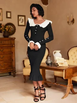 Dresses|Midi Dresses*Mew Mews Fashion Chrisopher Long Sleeve Ruffle Knitted Midi Dress