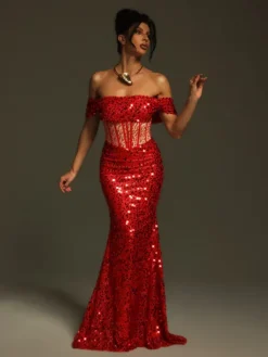 Embellishment|Dresses*Lu Yili Christena Off Shoulder Sequin Corset Maxi Dress