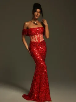 Embellishment|Dresses*Lu Yili Christena Off Shoulder Sequin Corset Maxi Dress