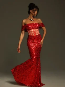 Embellishment|Dresses*Lu Yili Christena Off Shoulder Sequin Corset Maxi Dress