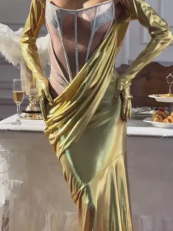 Embellishment|Dresses*Embellishment Cimberleigh Long Sleeve Hooded Ruched Maxi Dress In Gold