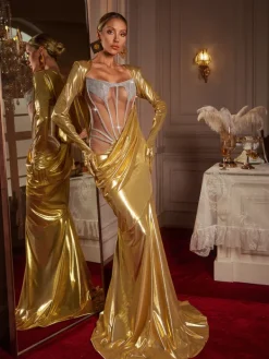 Embellishment|Dresses*Embellishment Cimberleigh Long Sleeve Hooded Ruched Maxi Dress In Gold