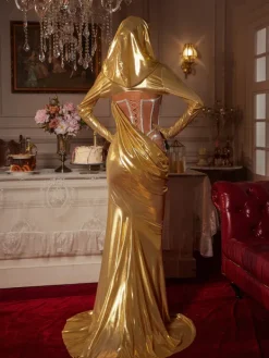 Embellishment|Dresses*Embellishment Cimberleigh Long Sleeve Hooded Ruched Maxi Dress In Gold