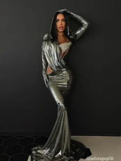 Embellishment|Dresses*Embellishment Cimberleigh Long Sleeve Hooded Ruched Maxi Dress In Black