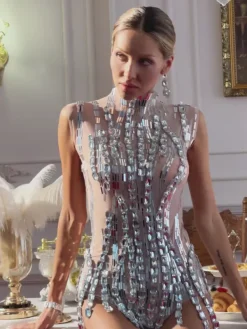 Bodysuits|Tops*Embellishment Cinwell Rhinestone Acrylic Bodysuit