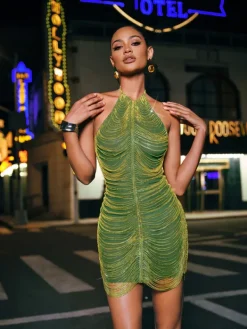 Embellishment|Dresses*Embellishment Cinzia Halterneck Diamond Chain Mesh Mini Dress In Green