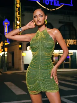 Embellishment|Dresses*Embellishment Cinzia Halterneck Diamond Chain Mesh Mini Dress In Green
