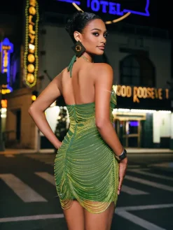 Embellishment|Dresses*Embellishment Cinzia Halterneck Diamond Chain Mesh Mini Dress In Green