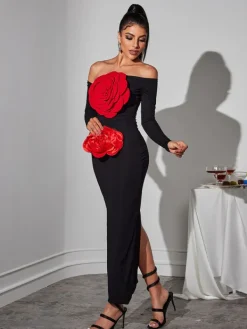 Dresses|Maxi Dresses*Mew Mews Fashion Claus Off Shoulder Red Flower Maxi Dress