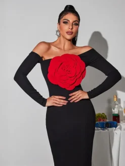 Dresses|Maxi Dresses*Mew Mews Fashion Claus Off Shoulder Red Flower Maxi Dress