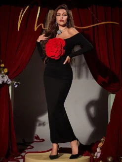 Dresses|Maxi Dresses*Mew Mews Fashion Claus Off Shoulder Red Flower Maxi Dress