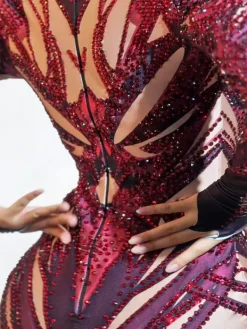 Bodysuits|Tops*Jiu Bajia O/S Cleeve Long Sleeve Rhinestone Printed Bodysuit