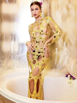 Embellishment|Dresses*Embellishment O/S Cocona Square Hollow Embellished Dress In Gold