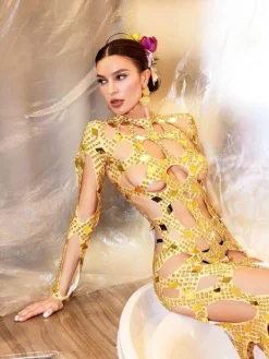 Embellishment|Dresses*Embellishment O/S Cocona Square Hollow Embellished Dress In Gold