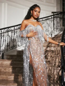 Embellishment|Dresses*Embellishment O/S Codruta Strapless Leafy Fringe Maxi Dress In Sliver