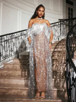 Embellishment|Dresses*Embellishment O/S Codruta Strapless Leafy Fringe Maxi Dress In Sliver