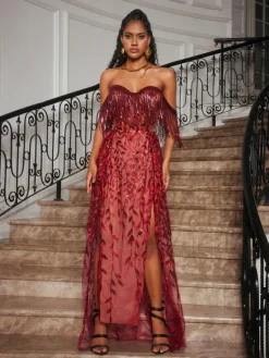 Dresses|Maxi Dresses*Jiu Bajia O/S Codruta Strapless Leafy Fringe Maxi Dress In Wine