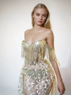 Dresses|Maxi Dresses*Jiu Bajia O/S Codruta Strapless Leafy Fringe Maxi Dress