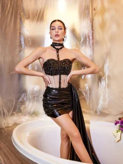 Embellishment*Embellishment Cohen Rhinestone Draped Metallic Skirt Set In Black