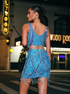 Sets & Co-ords|Embellishment*Embellishment Colette Crystal Chain Fringe Split Skirt Set In Blue