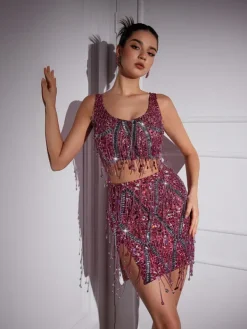 Sets & Co-ords|Embellishment*Embellishment Colette Crystal Chain Fringe Split Skirt Set In Pink