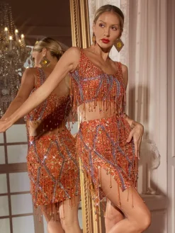 Sets & Co-ords|Embellishment*Embellishment Colette Crystal Chain Fringe Split Skirt Set In Orange