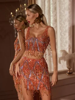 Sets & Co-ords|Embellishment*Embellishment Colette Crystal Chain Fringe Split Skirt Set In Orange