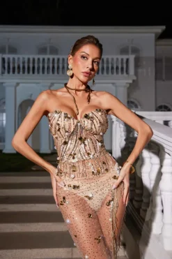 Dresses|Maxi Dresses*Jiu Bajia O/S Colter Strapless Fringe Sequin Dress