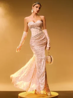 Embellishment|Dresses*Lu Yili Coralyn Strapless Rhinestone Split Maxi Dress