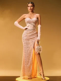 Embellishment|Dresses*Lu Yili Coralyn Strapless Rhinestone Split Maxi Dress