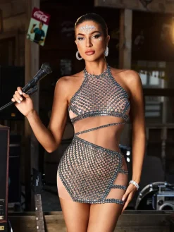 Embellishment|Dresses*Embellishment Corvain Rhinestone Mesh Mini Dress In Black