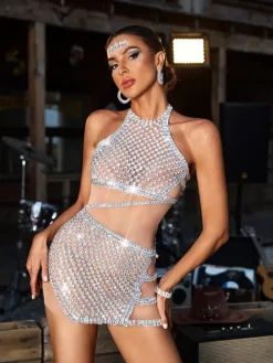 Embellishment|Dresses*Embellishment Corvain Rhinestone Mesh Mini Dress In Silver
