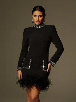 Dresses|Mini Dresses*Mew Mews Fashion Cosma Long Sleeve Rhinestone Feather Mini Dress