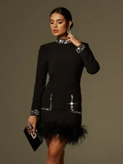 Dresses|Mini Dresses*Mew Mews Fashion Cosma Long Sleeve Rhinestone Feather Mini Dress