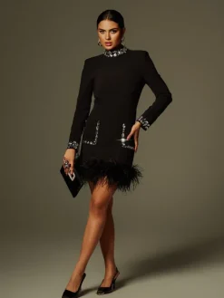 Dresses|Mini Dresses*Mew Mews Fashion Cosma Long Sleeve Rhinestone Feather Mini Dress