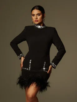 Dresses|Mini Dresses*Mew Mews Fashion Cosma Long Sleeve Rhinestone Feather Mini Dress