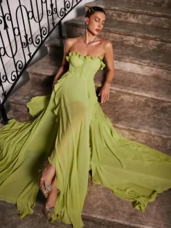 Dresses|Maxi Dresses*Mew Mews Fashion Craven Strapless Ruched Mesh Maxi Dress