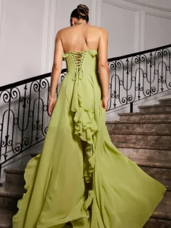 Dresses|Maxi Dresses*Mew Mews Fashion Craven Strapless Ruched Mesh Maxi Dress