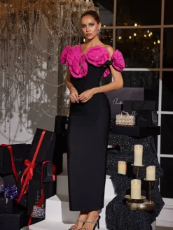 Dresses|Maxi Dresses*Bandage Creed Off Shoulder Flower Dress In Hot Pink