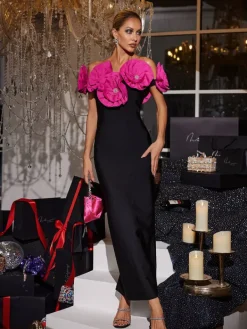 Dresses|Maxi Dresses*Bandage Creed Off Shoulder Flower Dress In Hot Pink