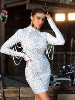 Dresses|Mini Dresses*W Jia Crython Long Sleeve Embellished Mini Dress