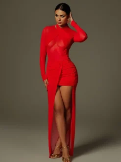 Dresses|Maxi Dresses*Mew Mews Fashion Cypress Draped Split Mesh Maxi Dress In Red