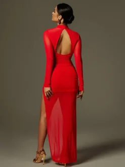 Dresses|Maxi Dresses*Mew Mews Fashion Cypress Draped Split Mesh Maxi Dress In Red
